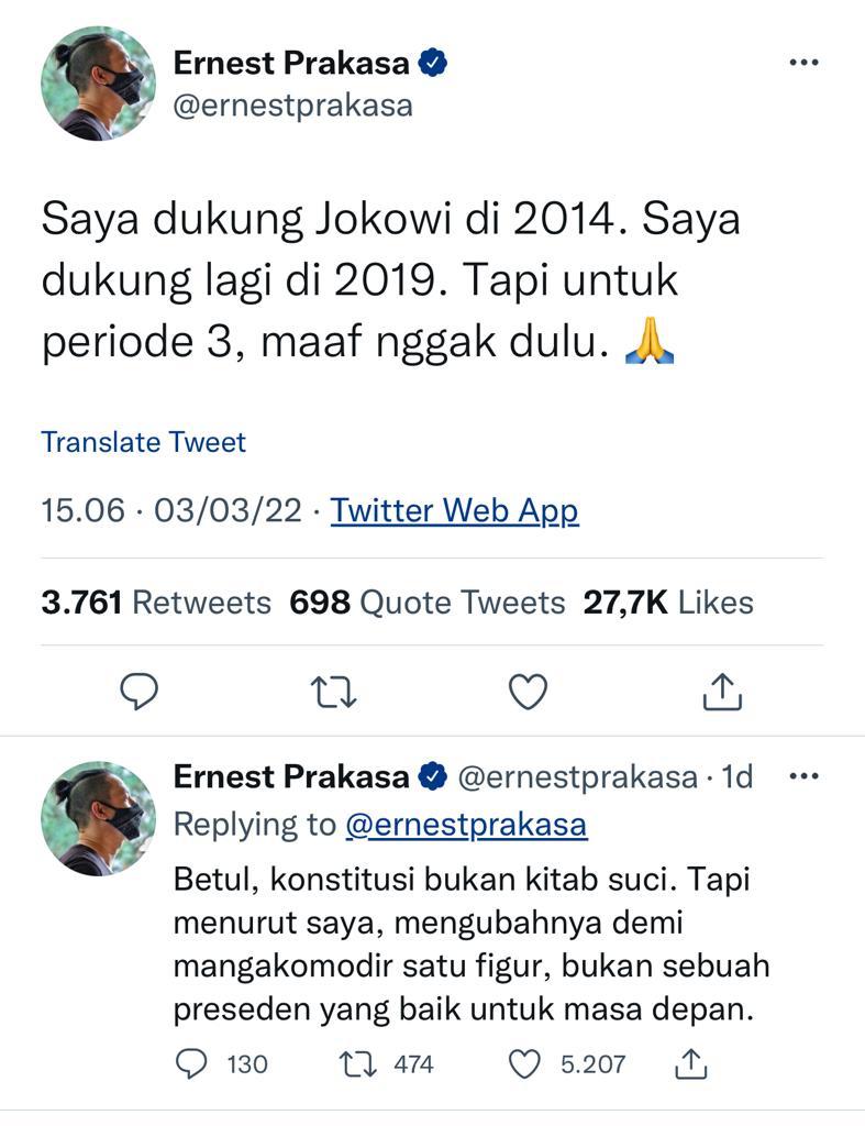Salah satu tweet Ernest Prakasa terkait penolakan wacana presiden 3 periode